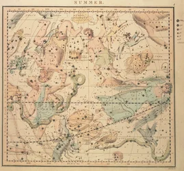 Carte céleste : Été, montrant les signes du zodiaque, les positions des étoiles et les instruments astrologiques, gravée par John Emslie (1813-75)